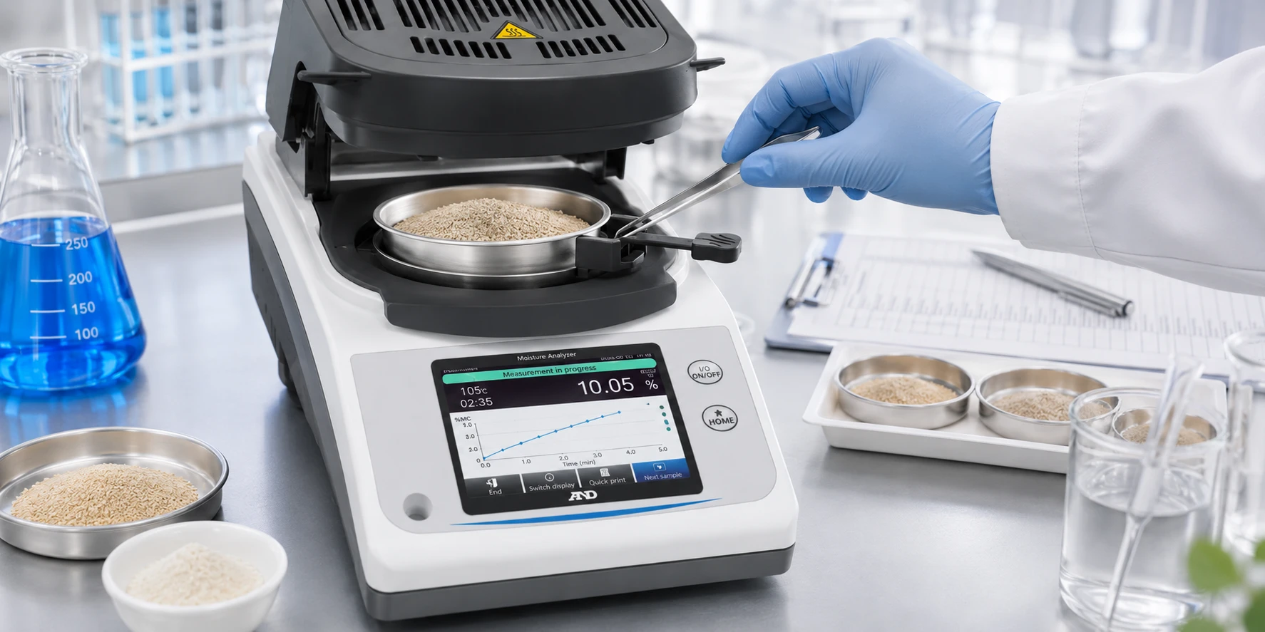 Cân sấy ẩm A&D mới hỗ trợ tối ưu nhiệt độ sấy và preheating