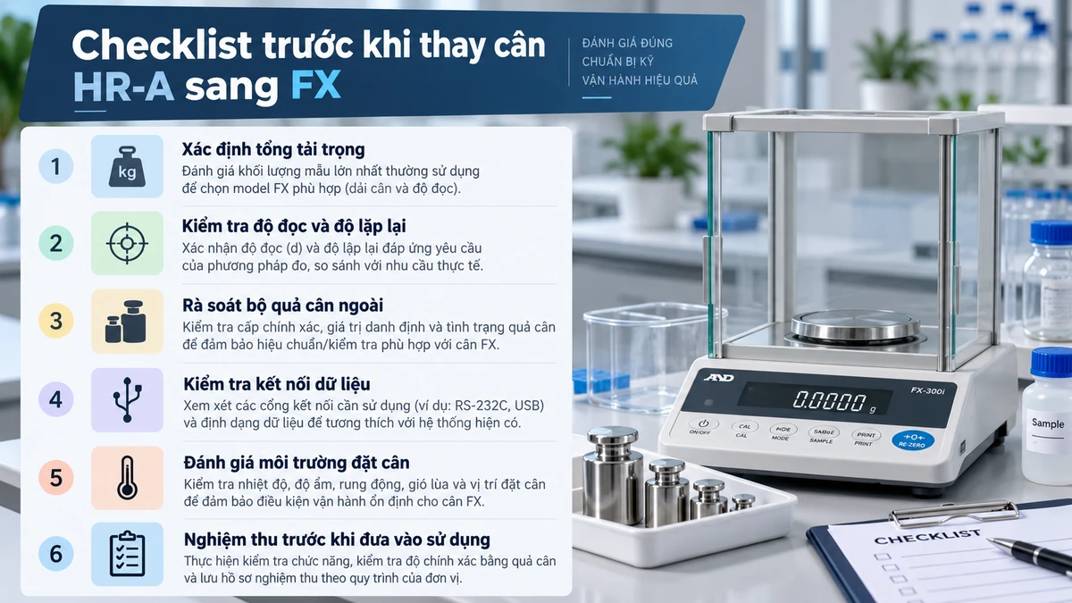 Checklist sáu tiêu chí kiểm tra khi chuyển từ cân HR-A sang dòng Fortis FX